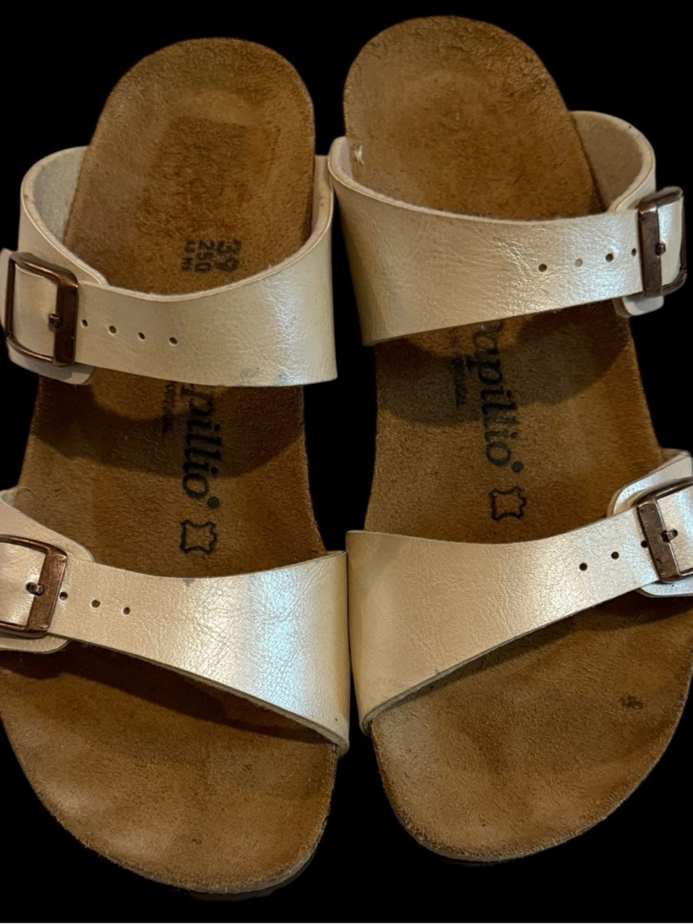 Papillio White Leather Double Strap Slides with Bronze Buckles